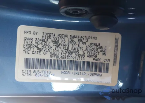 2013 Toyota Corolla Le from USA, damaged, VIN 5YFBU4EE7DP213113